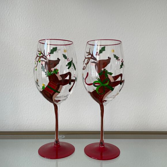 Neiman Marcus Hand-Painted Reindeer Christmas Wine Glasses Set of 4 New - Picture 16 of 16